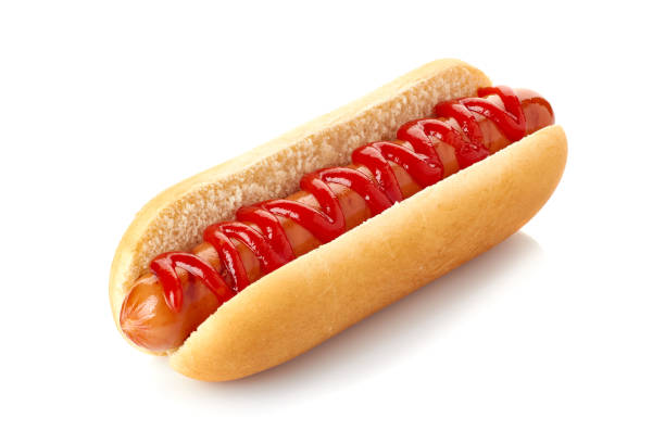 hot dog with ketchup:ketchup-topped hot dog