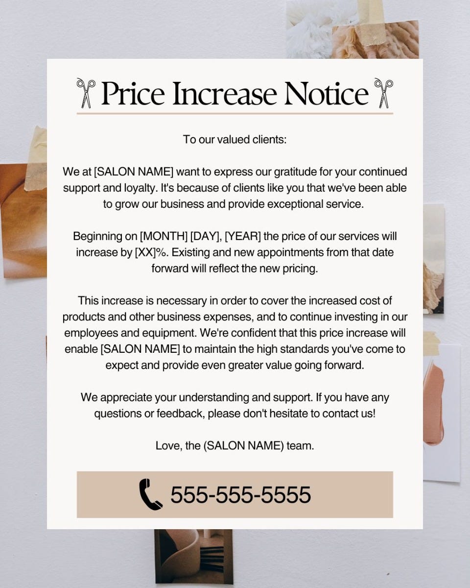 price increase notice hair salon：price hike announcement for hair salon