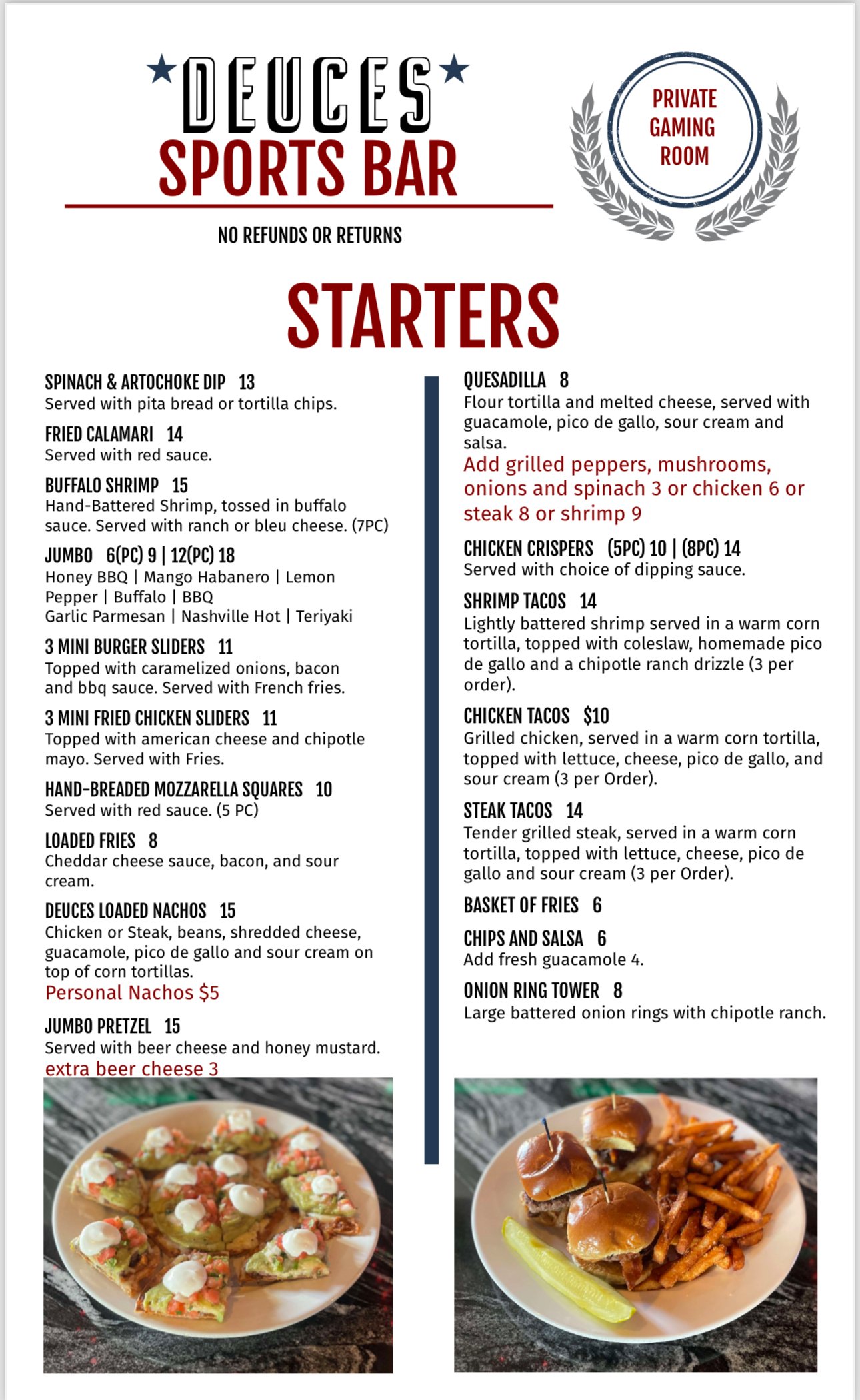 Deuces Major League Bar Menu: Classic Bar Food and More.